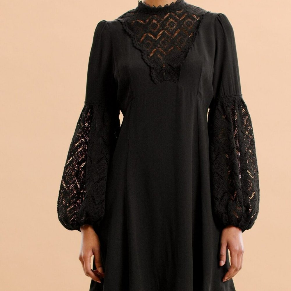 TiMo Black Crochet Long Sleeve Babydoll Dress